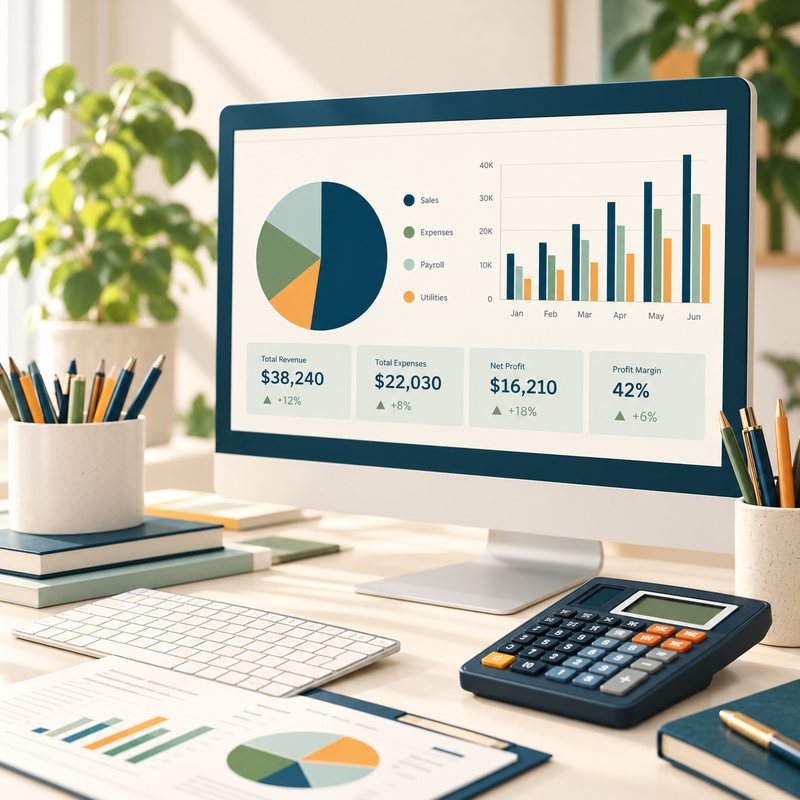 Desk with a monitor showing revenue, expense and profit charts next to a calculator