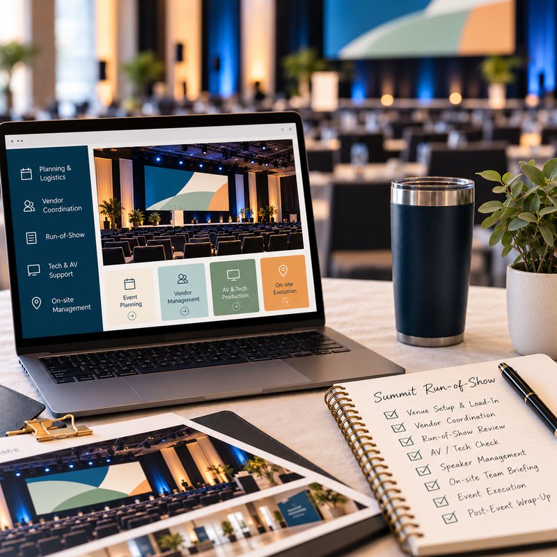 Laptop showing event planning tools in front of a conference ballroom, with a run-of-show checklist notebook