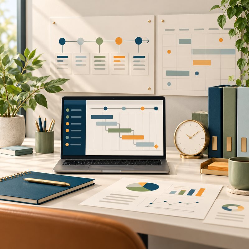 Desk with a laptop showing a project timeline, wall planners with milestones, and a clock
